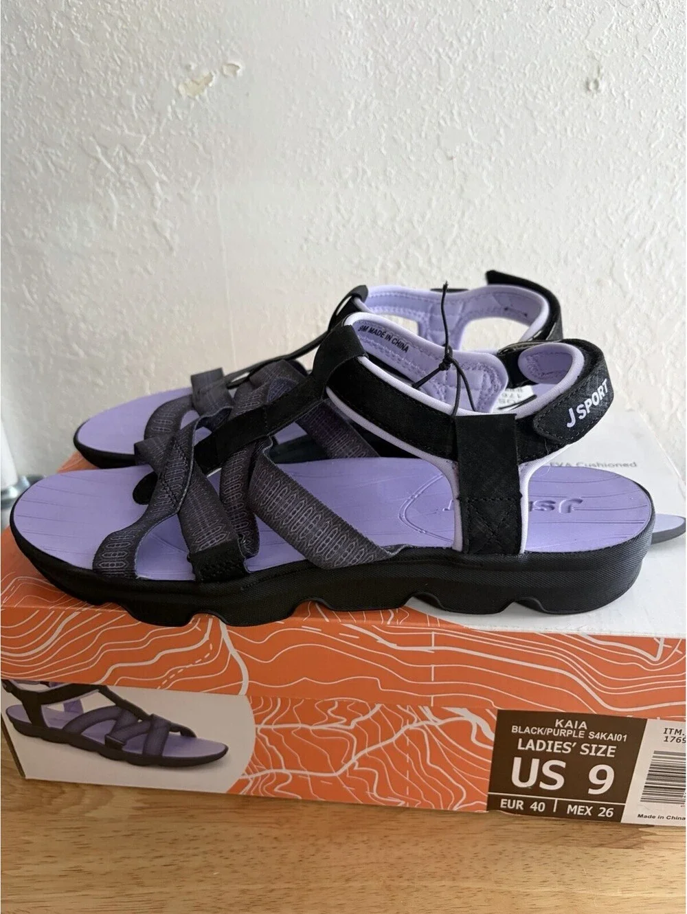JSport Kaia Sport Sandals Black/Purple Adjustable Straps NIB - Size 9